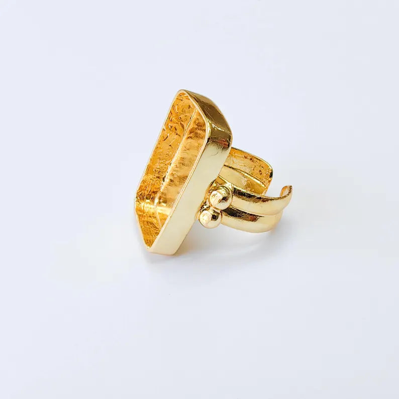 Rectangle Bezel Ring, Adjustable 24K Shiny Gold Ring Setting 25x15mm, G38059