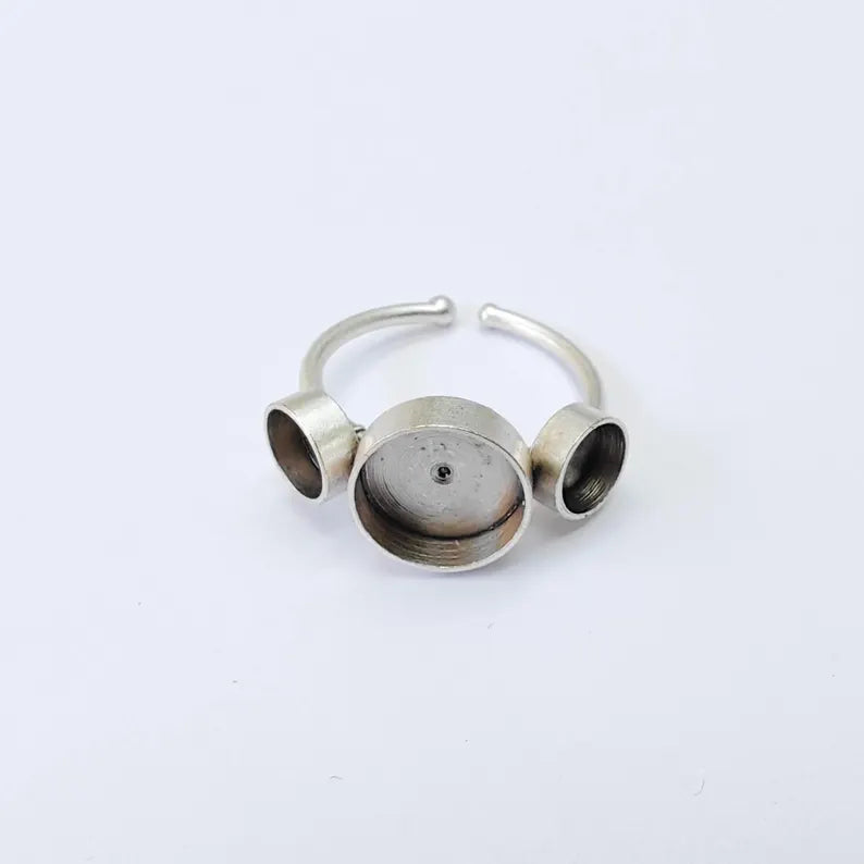 Multi Bezel Adjustable Ring Blank 10mm 6mm Cabochon Setting, Antique Silver Plated Brass Ring Base, G38064