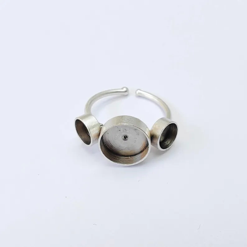 Multi Bezel Adjustable Ring Blank 10mm 6mm Cabochon Setting, Antique Silver Plated Brass Ring Base, G38064