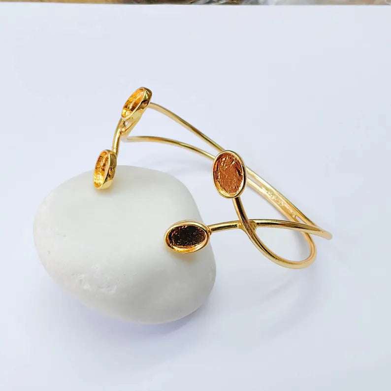 Adjustable Bracelet Bezel Base, 8x6mm Oval Setting, Double Cuff Bracelet, 24K Gold Brass, G38066