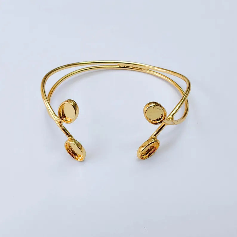 Adjustable Bracelet Bezel Base, 8x6mm Oval Setting, Double Cuff Bracelet, 24K Gold Brass, G38066