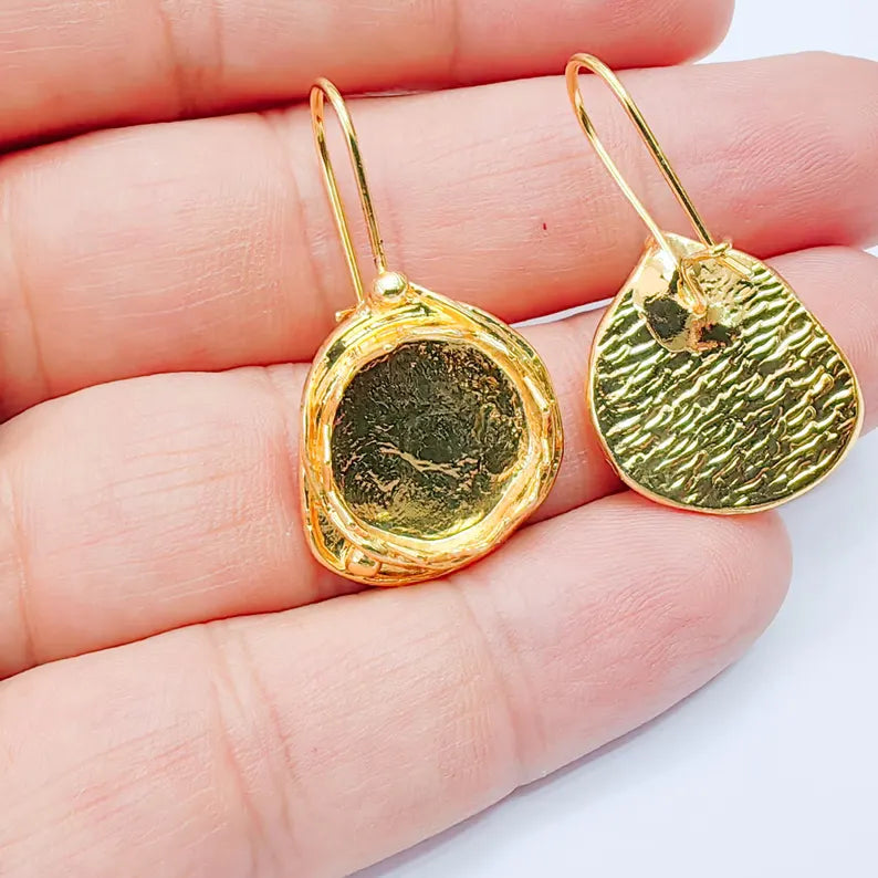 Organic Earring Blanks, Round Bezel Earrings, 15mm Setting, 37x20mm, 24K Gold Color, G38067