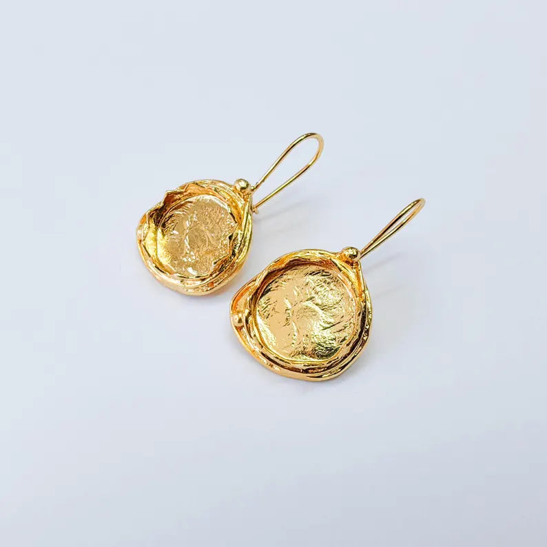 Organic Earring Blanks, Round Bezel Earrings, 15mm Setting, 37x20mm, 24K Gold Color, G38067