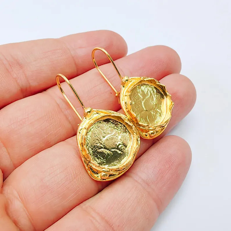 Organic Earring Blanks, Round Bezel Earrings, 15mm Setting, 37x20mm, 24K Gold Color, G38067