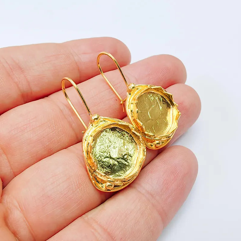 Organic Earring Blanks, Round Bezel Earrings, 15mm Setting, 37x20mm, 24K Gold Color, G38067