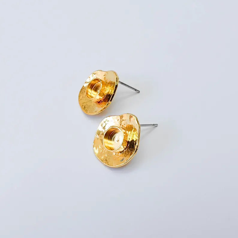 Organic Stud Earring Blanks, Round Bezel Earrings, 6mm Setting, 16x15mm, 24K Gold Color, G38068