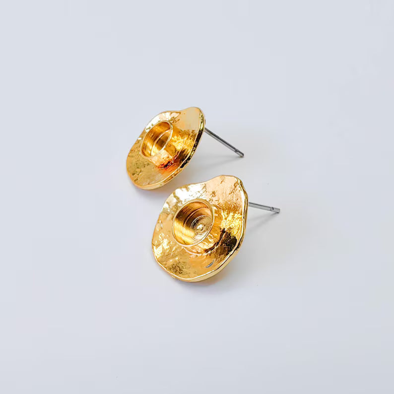Organic Stud Earring Blanks, Round Bezel Earrings, 6mm Setting, 16x15mm, 24K Gold Color, G38068