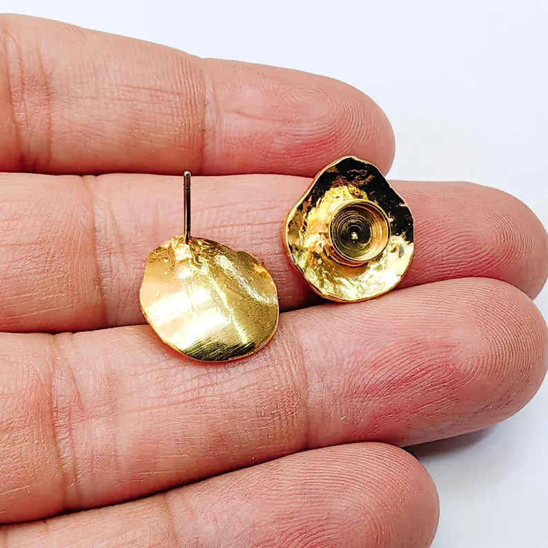 Organic Stud Earring Blanks, Round Bezel Earrings, 6mm Setting, 16x15mm, 24K Gold Color, G38068