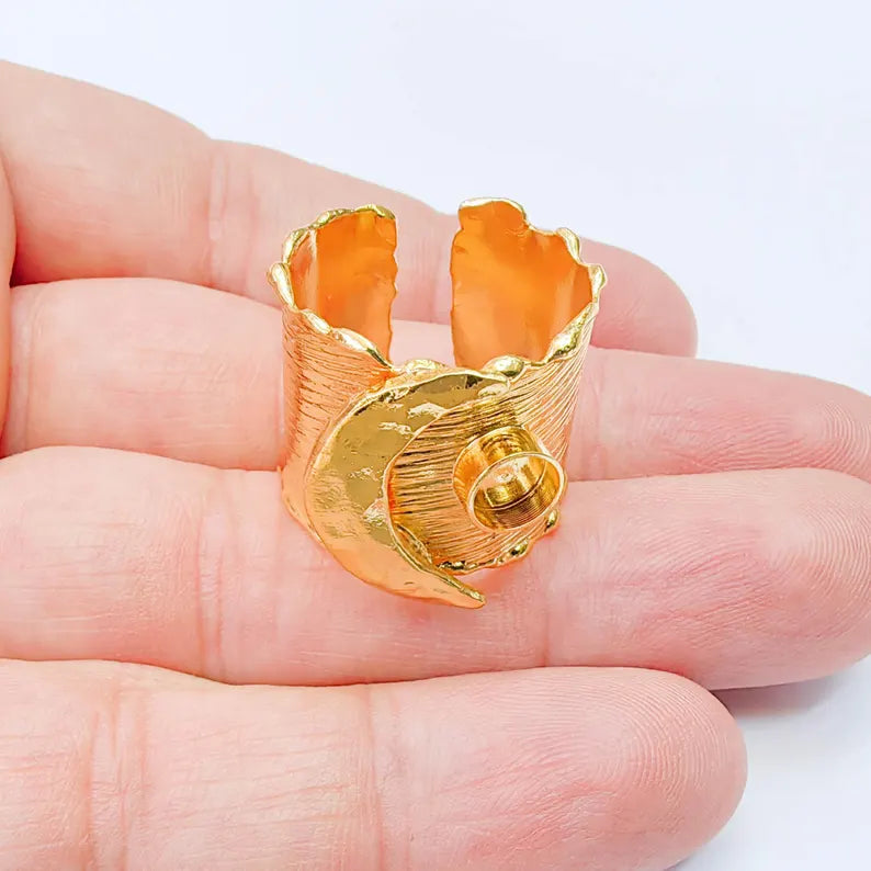 Crescent Moon Ring, Round Bezel 6mm, Adjustable 24K Gold Color Ring, G38069