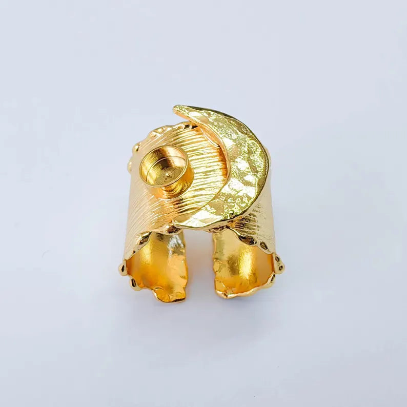 Crescent Moon Ring, Round Bezel 6mm, Adjustable 24K Gold Color Ring, G38069