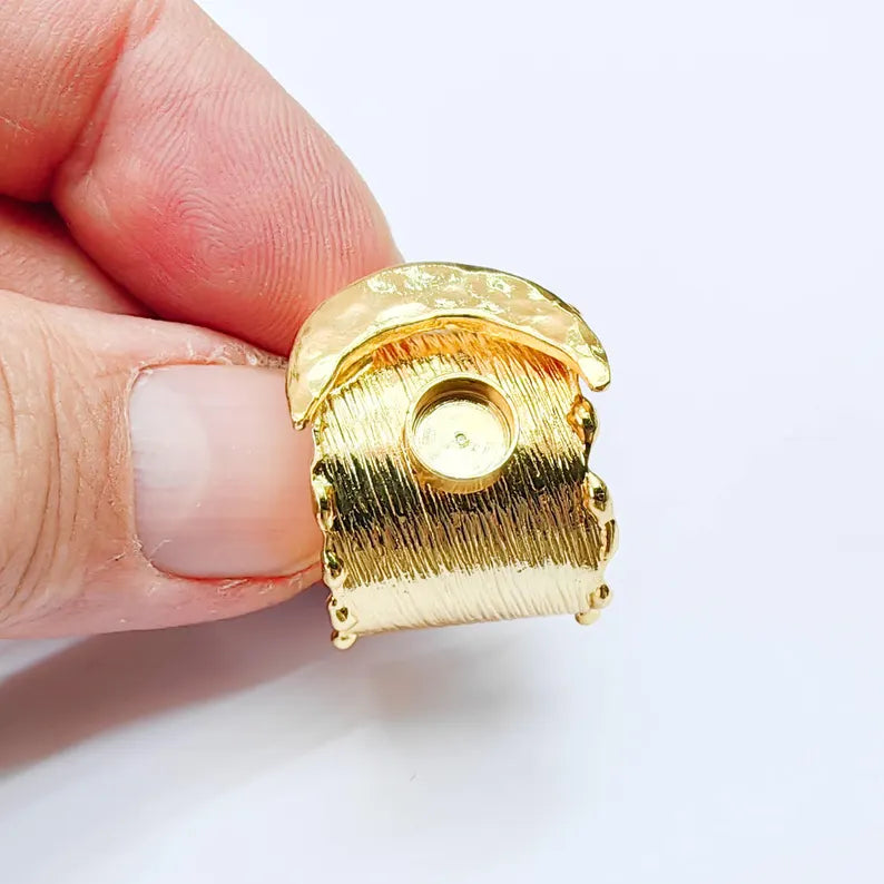 Crescent Moon Ring, Round Bezel 6mm, Adjustable 24K Gold Color Ring, G38069