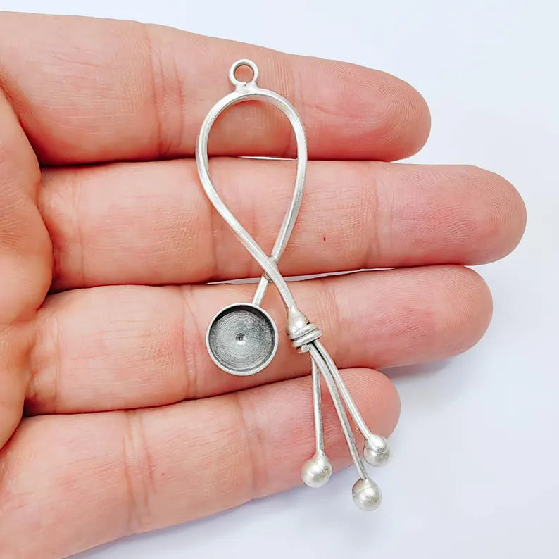Long Loop Bezel Pendant 10mm Round Setting 73x22mm Antique Silver G38070