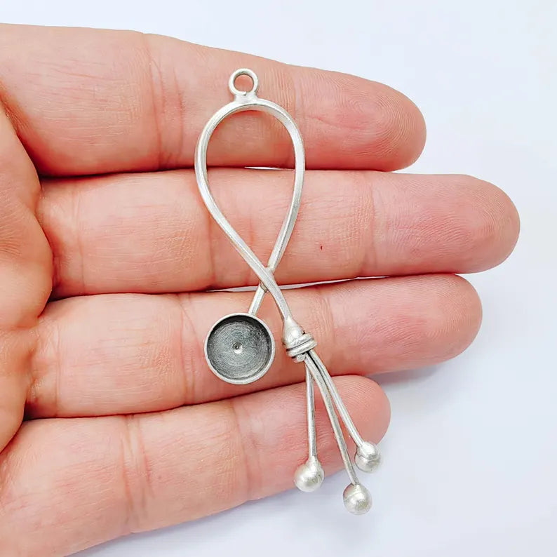 Long Loop Bezel Pendant 10mm Round Setting 73x22mm Antique Silver G38070