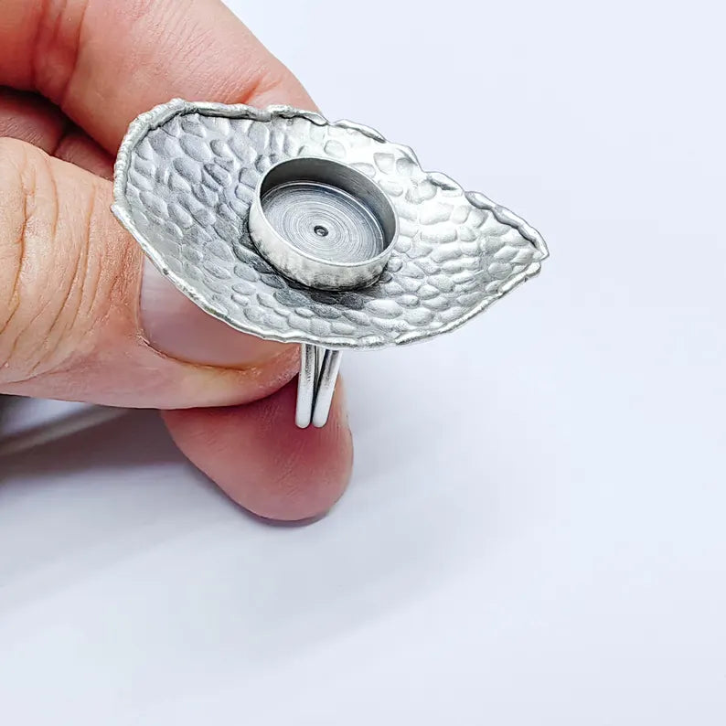 Organic Textured Ring Blank 12mm Bezel, Artisan Cabochon Setting, Adjustable Silver Plated Brass G38076