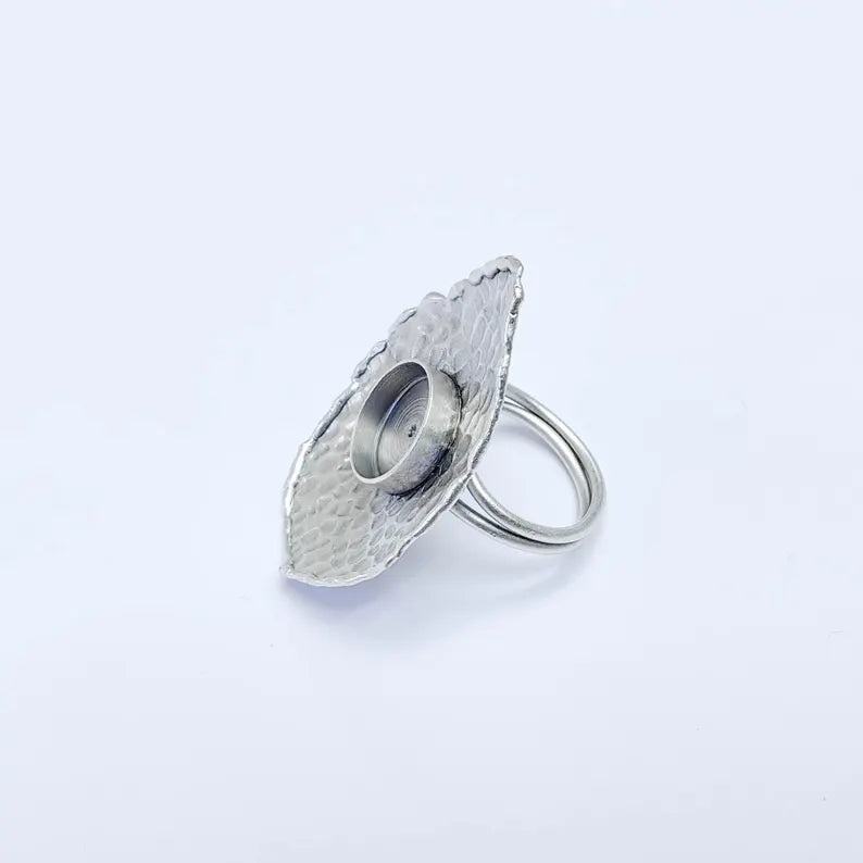 Organic Textured Ring Blank 12mm Bezel, Artisan Cabochon Setting, Adjustable Silver Plated Brass G38076
