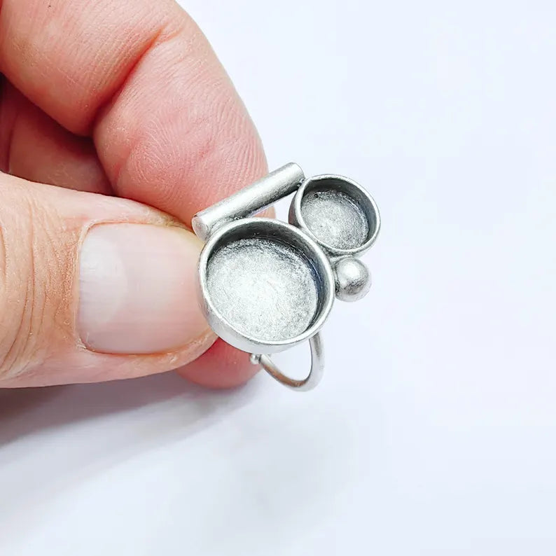 Double Bezel Bar Ring Blank Settings, Base, 12mm, 8mm Adjustable Silver Plated Brass G38077