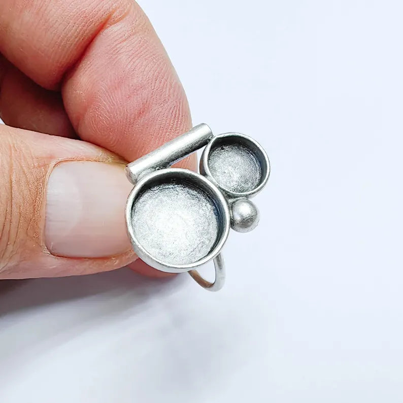 Double Bezel Bar Ring Blank Settings, Base, 12mm, 8mm Adjustable Silver Plated Brass G38077