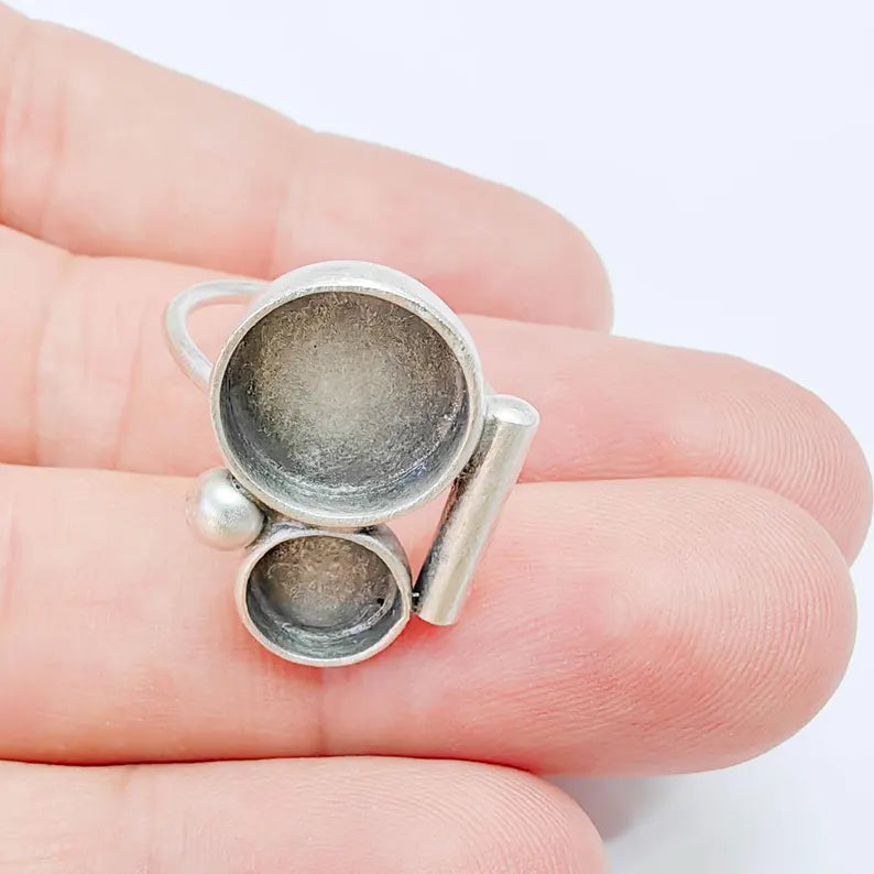 Double Bezel Bar Ring Blank Settings, Base, 12mm, 8mm Adjustable Silver Plated Brass G38077