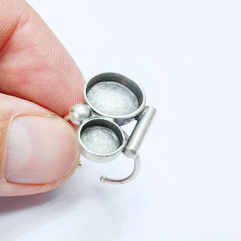 Double Bezel Bar Ring Blank Settings, Base, 12mm, 8mm Adjustable Silver Plated Brass G38077