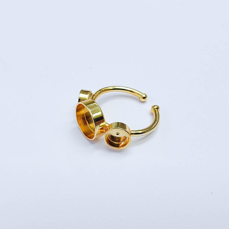 Triple Bezel Adjustable Ring, Round Settings 10mm, 6mm, 24K Gold Color Ring Blank, G38084