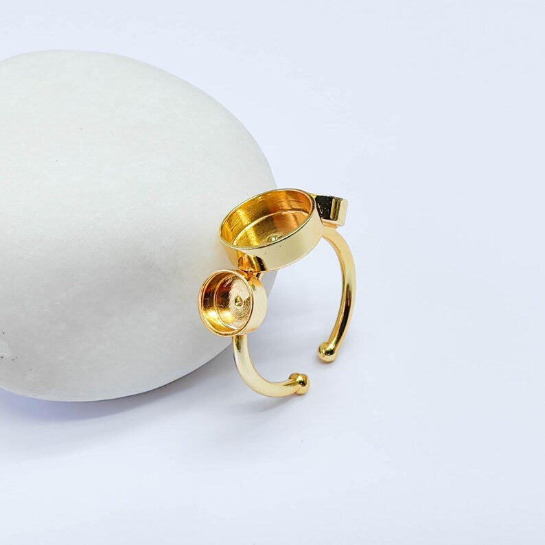 Triple Bezel Adjustable Ring, Round Settings 10mm, 6mm, 24K Gold Color Ring Blank, G38084