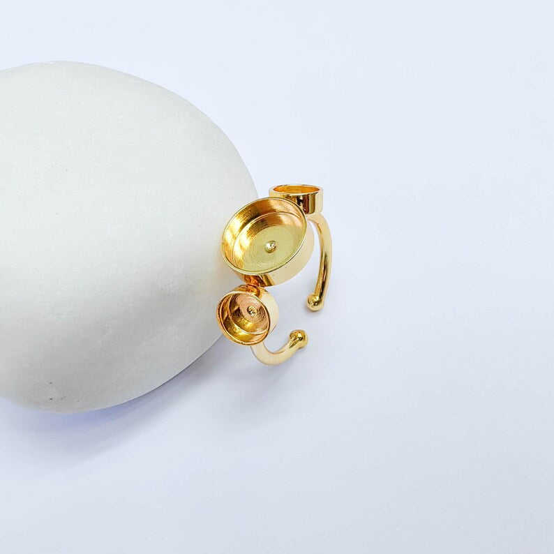 Triple Bezel Adjustable Ring, Round Settings 10mm, 6mm, 24K Gold Color Ring Blank, G38084