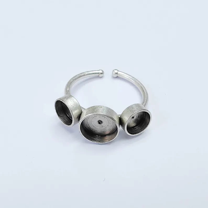 Triple Bezel Ring Blank, 6mm 8mm Settings, Adjustable Ring Base, Silver Plated Brass G38086