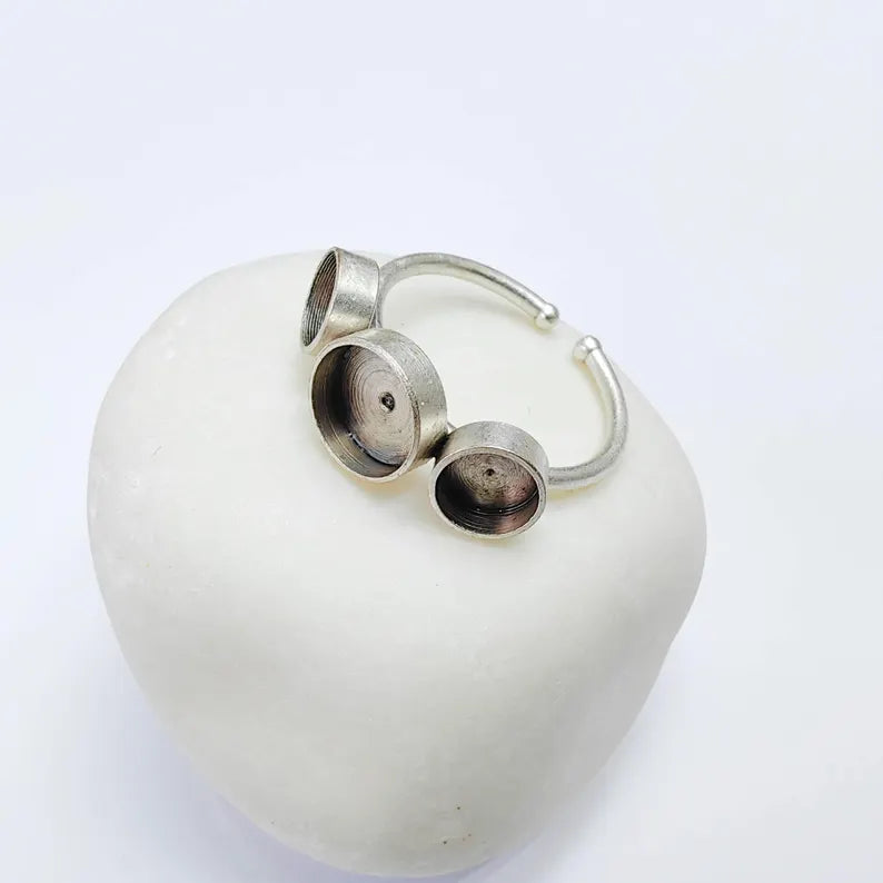 Triple Bezel Ring Blank, 6mm 8mm Settings, Adjustable Ring Base, Silver Plated Brass G38086