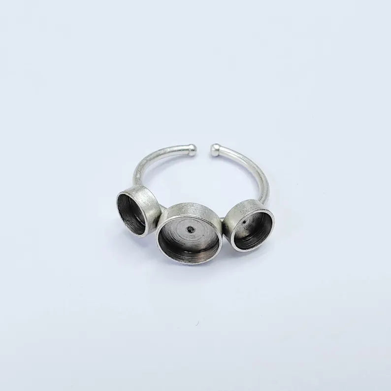 Triple Bezel Ring Blank, 6mm 8mm Settings, Adjustable Ring Base, Silver Plated Brass G38086