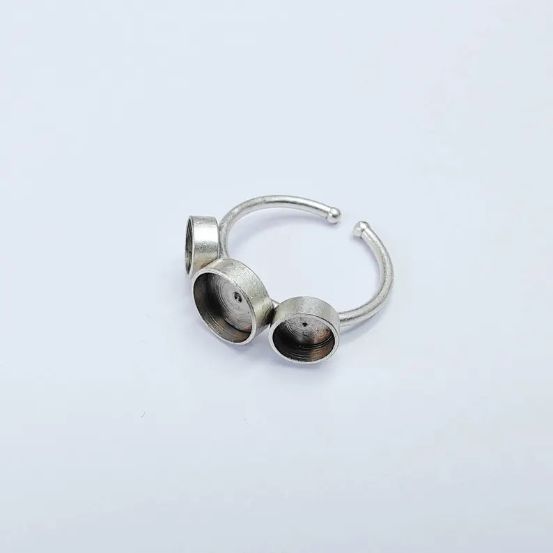Triple Bezel Ring Blank, 6mm 8mm Settings, Adjustable Ring Base, Silver Plated Brass G38086