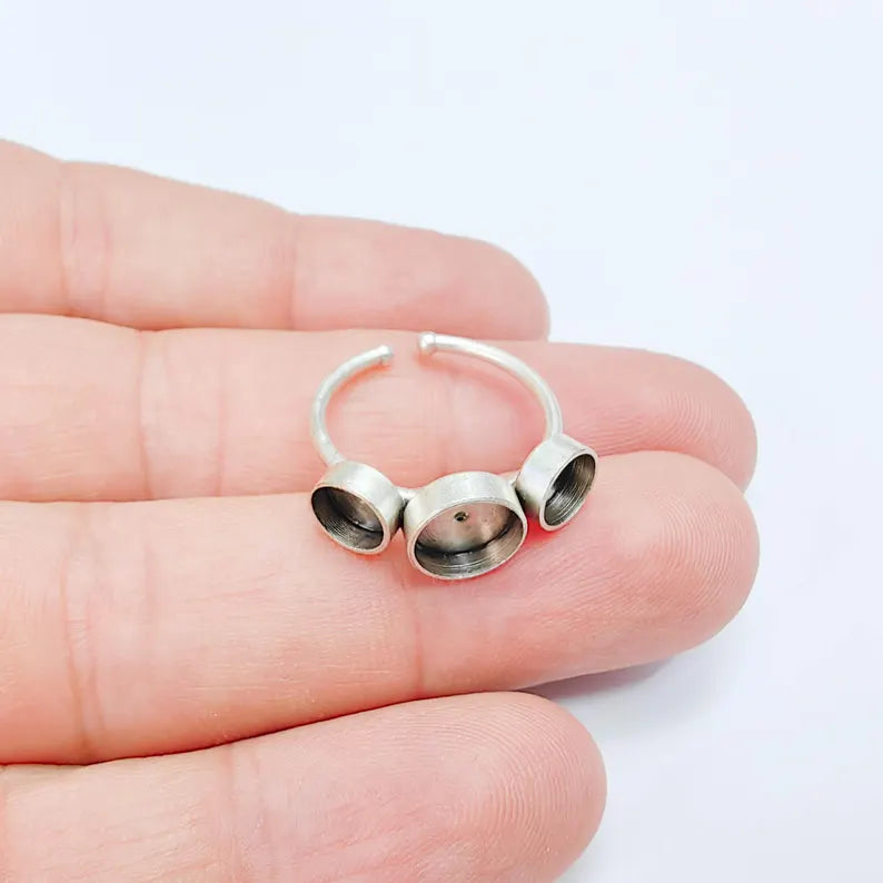 Triple Bezel Ring Blank, 6mm 8mm Settings, Adjustable Ring Base, Silver Plated Brass G38086