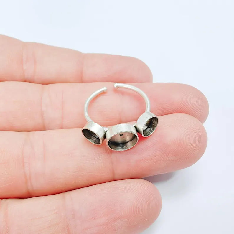 Triple Bezel Ring Blank, 6mm 8mm Settings, Adjustable Ring Base, Silver Plated Brass G38086