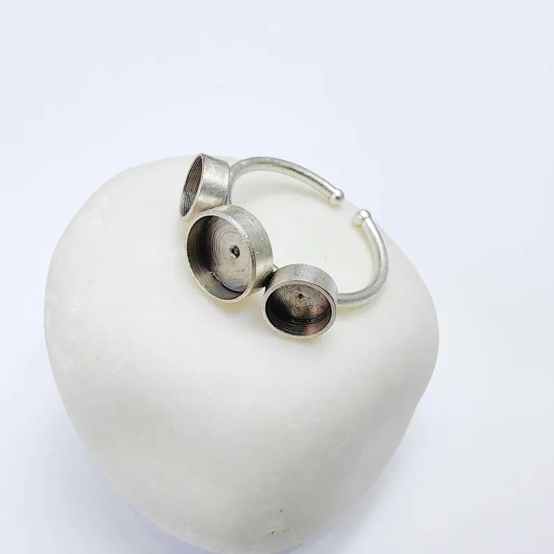 Triple Bezel Ring Blank, 6mm 8mm Settings, Adjustable Ring Base, Silver Plated Brass G38086
