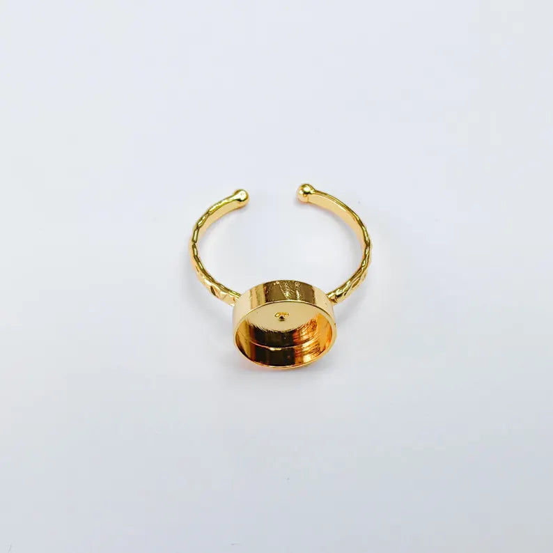 Adjustable Ring Base, Round Bezel 10mm, Textured 24K Shiny Gold Ring, G38087