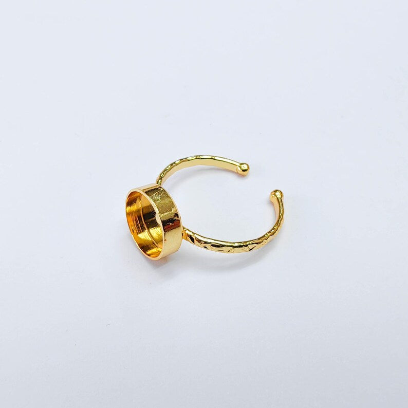 Adjustable Ring Base, Round Bezel 10mm, Textured 24K Shiny Gold Ring, G38087