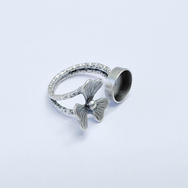 Flower Adjustable Ring Blank 10mm Bezel, Base, Antique Silver Plated Brass G38088