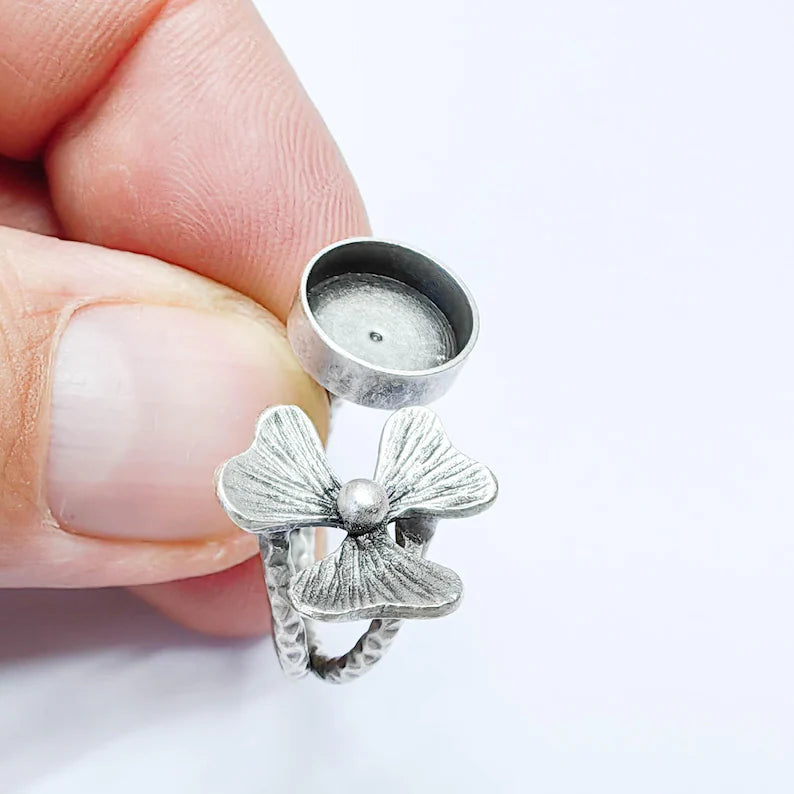 Flower Adjustable Ring Blank 10mm Bezel, Base, Antique Silver Plated Brass G38088