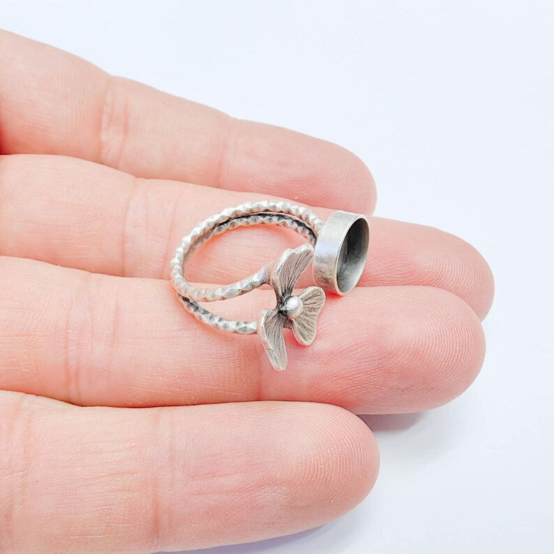 Flower Adjustable Ring Blank 10mm Bezel, Base, Antique Silver Plated Brass G38088