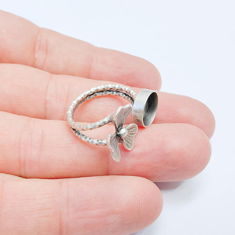 Flower Adjustable Ring Blank 10mm Bezel, Base, Antique Silver Plated Brass G38088