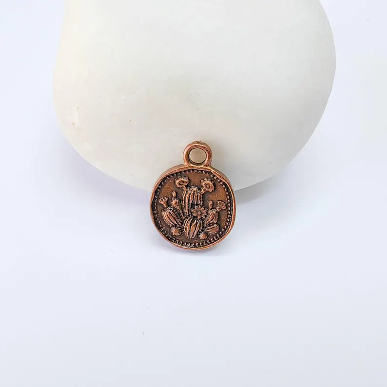 2 Cactus Round Charm Pendant, Double Sided Desert Design, Antique Copper Plated, 16x13mm, G38091