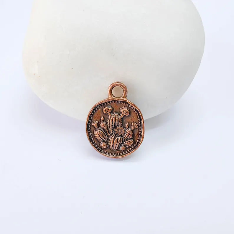 2 Cactus Round Charm Pendant, Double Sided Desert Design, Antique Copper Plated, 16x13mm, G38091