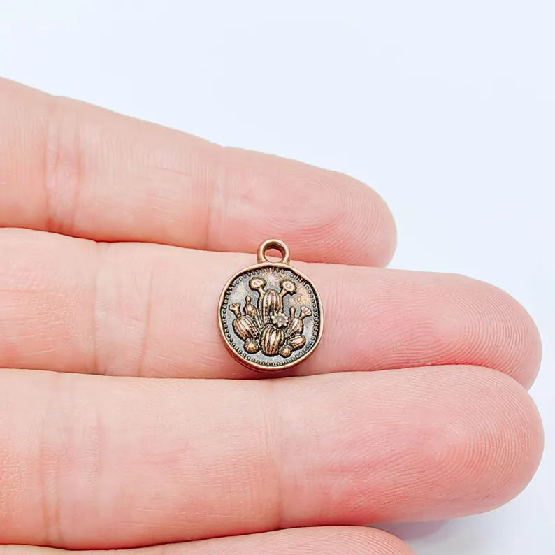 2 Cactus Round Charm Pendant, Double Sided Desert Design, Antique Copper Plated, 16x13mm, G38091