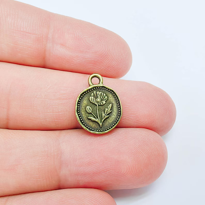 2 Poppy Flower Charm, Double Sided Flower Pendant, Boho Antique Bronze Plated, 16x13mm G38092