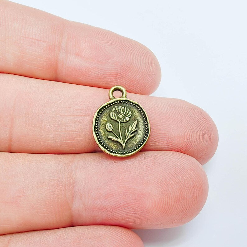 2 Poppy Flower Charm, Double Sided Flower Pendant, Boho Antique Bronze Plated, 16x13mm G38092