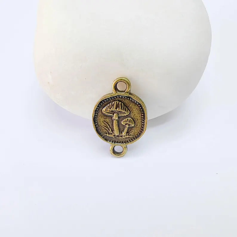 2 Mushroom Charm Connector, Double Sided Forest Nature Design, Antique Bronze Plated, 20x13mm, G38095