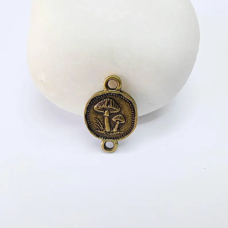 2 Mushroom Charm Connector, Double Sided Forest Nature Design, Antique Bronze Plated, 20x13mm, G38095