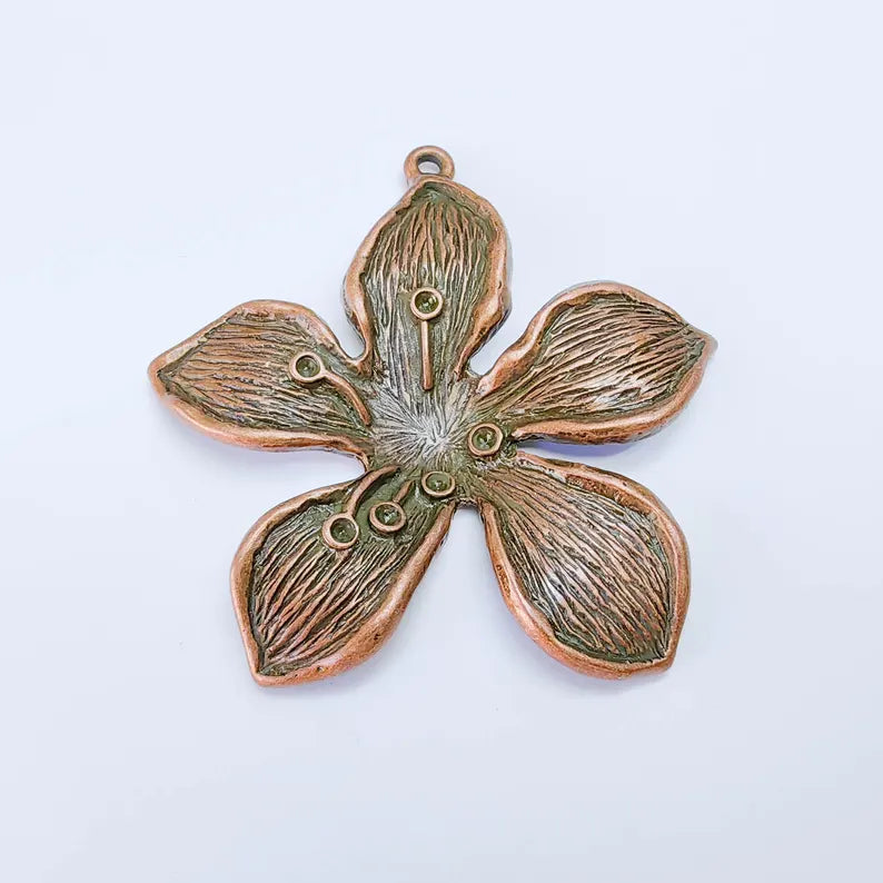 Large Five Petal Flower Pendant, Antique Copper Plated Orchid Blossom Charm, Textured Daisy Floral Jewelry Making Supplies (72x70mm) G38101