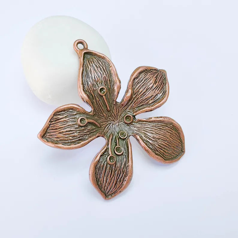 Large Five Petal Flower Pendant, Antique Copper Plated Orchid Blossom Charm, Textured Daisy Floral Jewelry Making Supplies (72x70mm) G38101