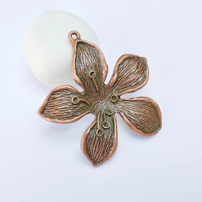 Large Five Petal Flower Pendant, Antique Copper Plated Orchid Blossom Charm, Textured Daisy Floral Jewelry Making Supplies (72x70mm) G38101