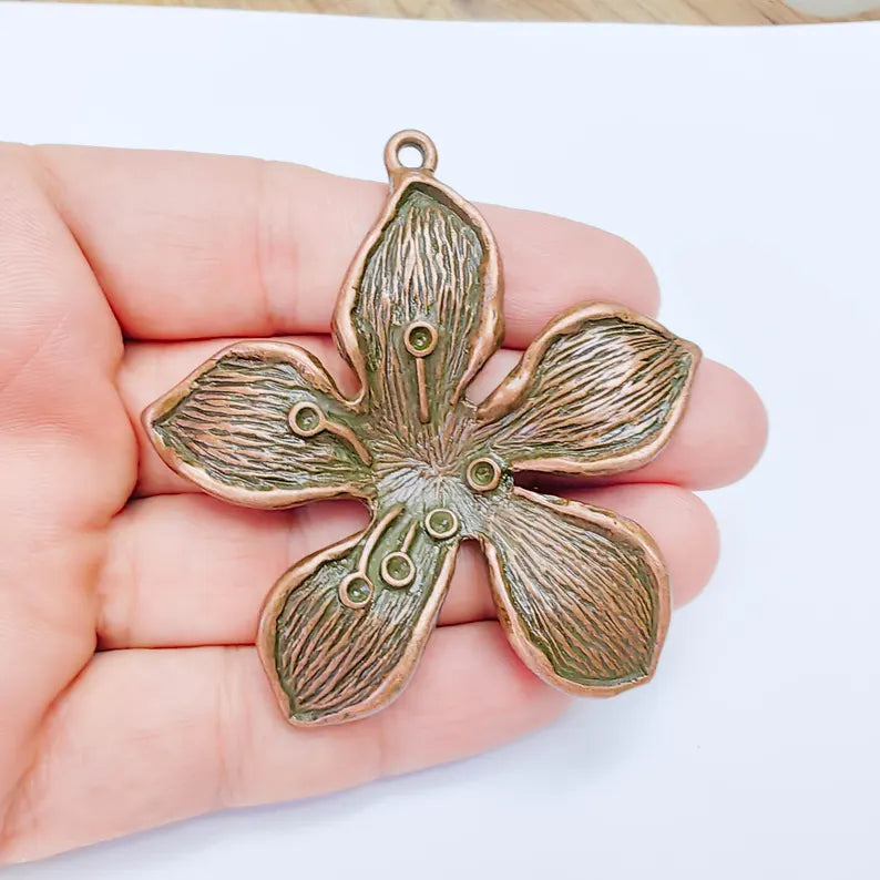 Large Five Petal Flower Pendant, Antique Copper Plated Orchid Blossom Charm, Textured Daisy Floral Jewelry Making Supplies (72x70mm) G38101